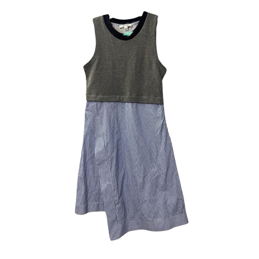 Carven Gray Blue Striped Asymmetrical Sleeveless Cotton Blend Flare Dress Small